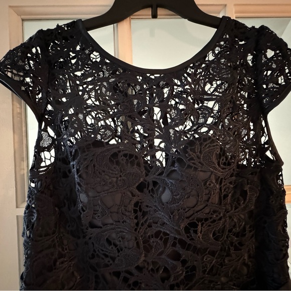 Adrianna Papell Cap-Sleeve Illusion Lace Gown - Midnight Blue Color - Size 14 - Picture 2 of 7